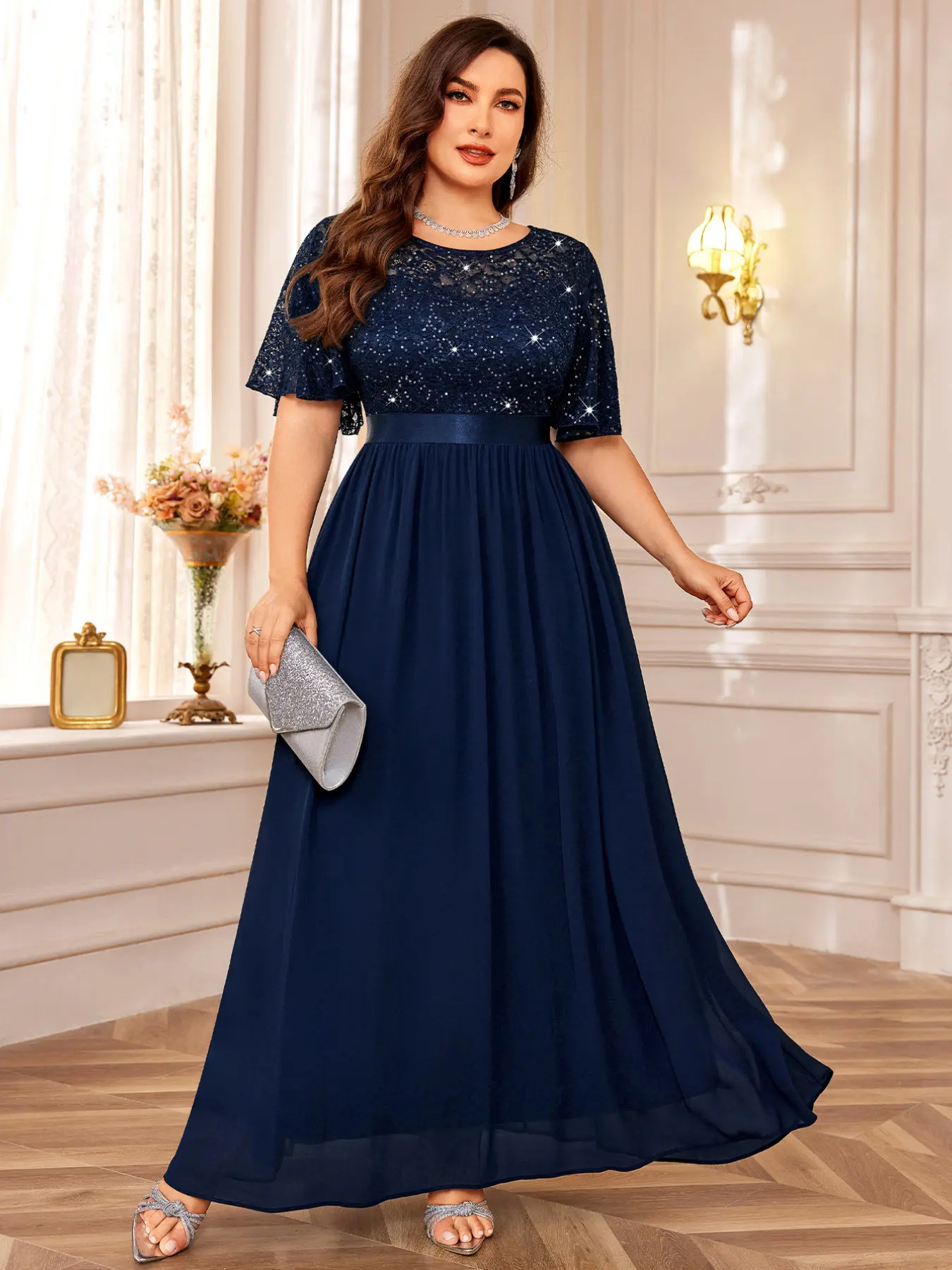 MISSMAY P53210 Plus Sequin Floral Lace Butterfly Sleeve Lightweight Chiffon Fabric Pleated Hem Chic Evening Formal Party Long Dress, Wedding Guest Dress, For Birthday, Prom, Dinner, Festivals, Womenswear