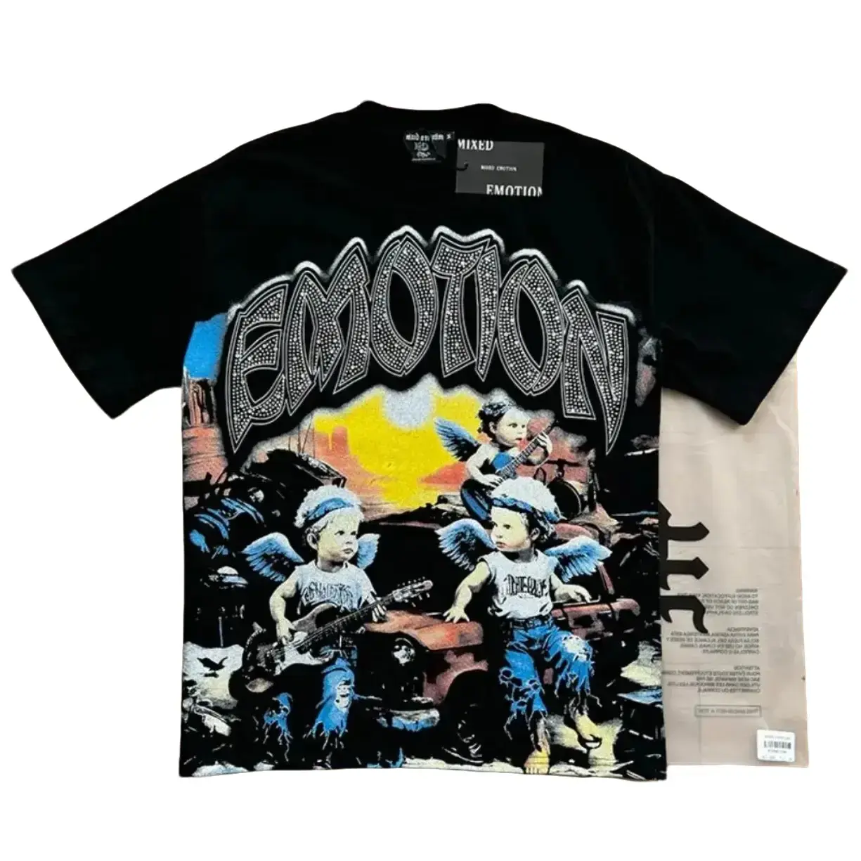 Mixed Emotion Rhinestone Graphic Tee, Vintage Washed Cotton T-Shirt T-Shirts Tee Oversized Streetwear, Y2K Hip Hop Summer Short Sleeve Shirt