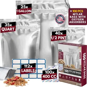 100 Pack Mylar Bags with  Absorbers - 11 MIL Thick 3 Sizes - 25x1 Gallon 35x1 Quart 40x1/2 Pint -   Foil Sealable Mylar  Storage Bags & 112 Labels, Sealable Smell Proof