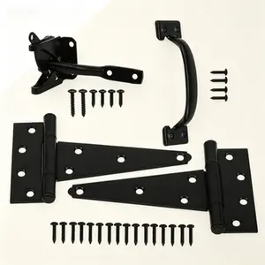 Heavy Duty 6 Inch Gate Tee Hinge Set, Outdoor Fence Swing Gate Hardware Kit with Pull Handle and Screws, Black Finish Gate Accessories for Wooden Garden Gate, Reusable Durable Latch Set for Secure Closure