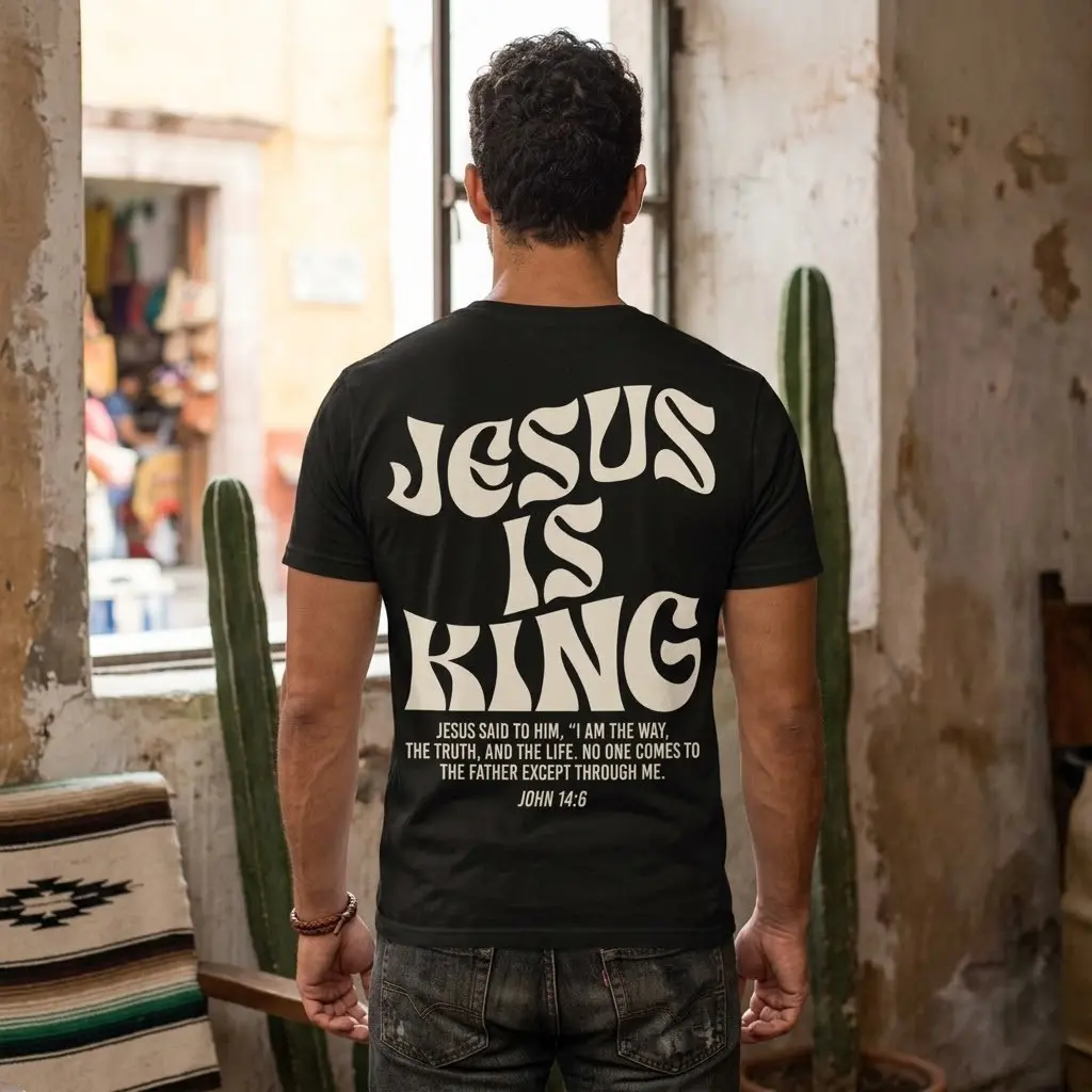 Vintage Jesus Is King Christian Tshirt, 100% Cotton Short Sleeve with Bible Quote John 14:6, Standard Sizes for Adults, All Season Graphic Print, Prop 65 Safe Sports Top