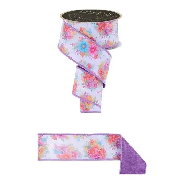2.5" x 10yd D’Lux Bright Flowers Ribbon – White/Lavender/Pink/Turquoise (Fused Backing)