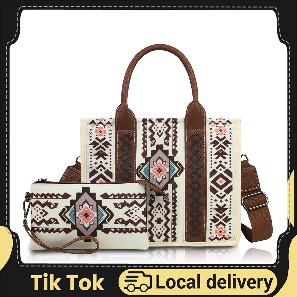 Women's Fashion 2-Piece Bohemian Vintage Design Tote Bag Set - Faux Leather Large Capacity Purse Shoulder Bag with Matching Wallet, Western Accessories for Work, Shopping