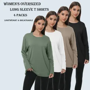 4 Pack Women’s Oversized Long Sleeve T Shirts Spring Tops 2026 Basic Tee Fall Casual Workout Y2K Clothes Casual Soft Crewneck Basic Tee Tops Spring Outfit Clothes