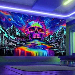 UV Reactive Skull Pattern Tapestry, 1 Count Colorful Fantasy Landscape Tapestry, Wall Hanging Decor for Home Living Room Bedroom, Wall Tapestries