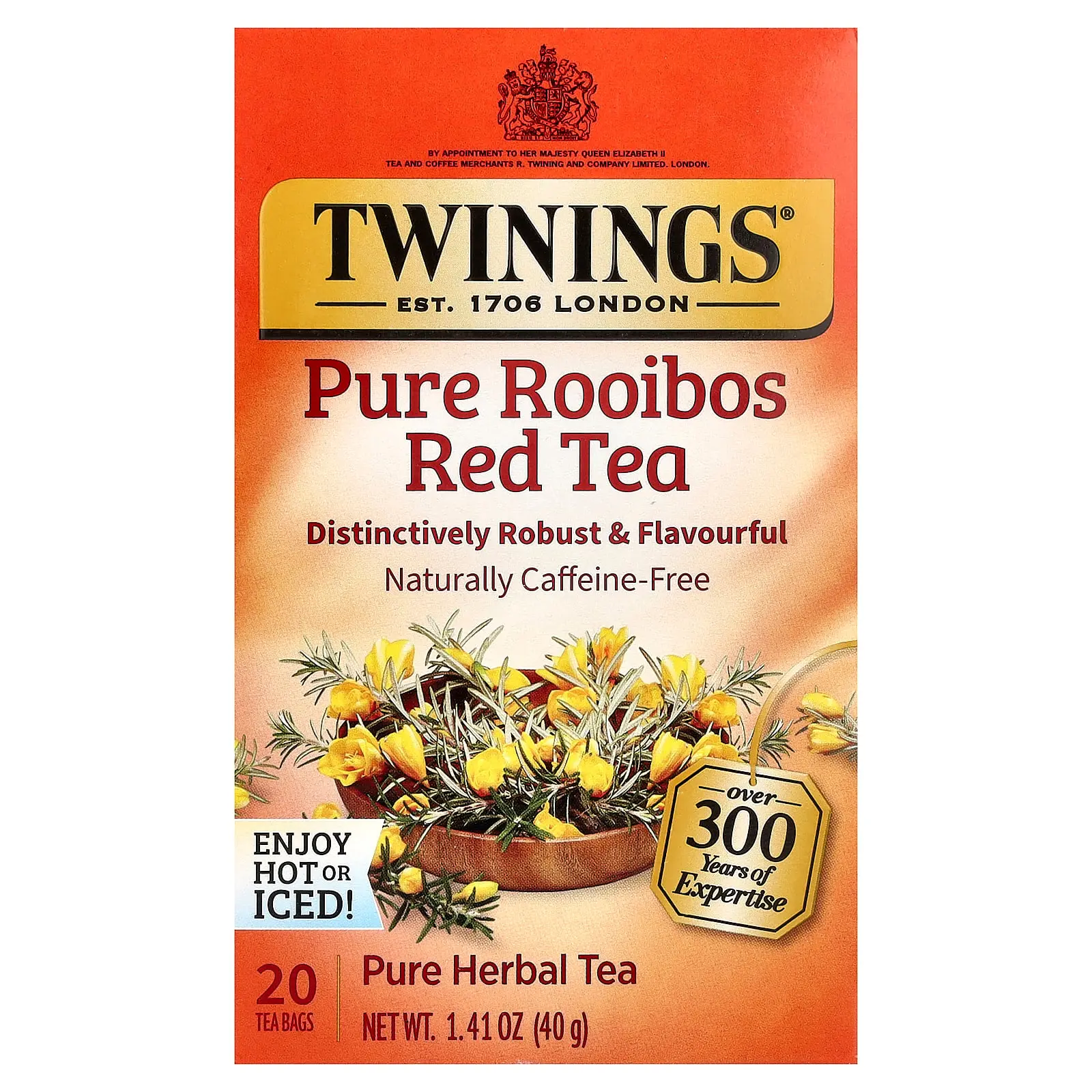 Twinings Pure Herbal Tea, Pure Rooibos Red Tea, Caffeine Free, 20 Tea Bags, 1.41 oz (40 g)