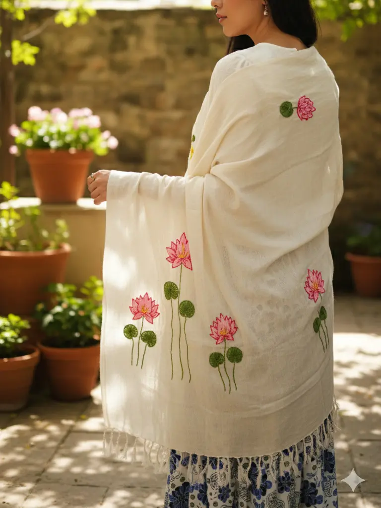 Hand-Embroidered Lotus Flower Shawl | Natural Cotton Scarves wraps shawls
