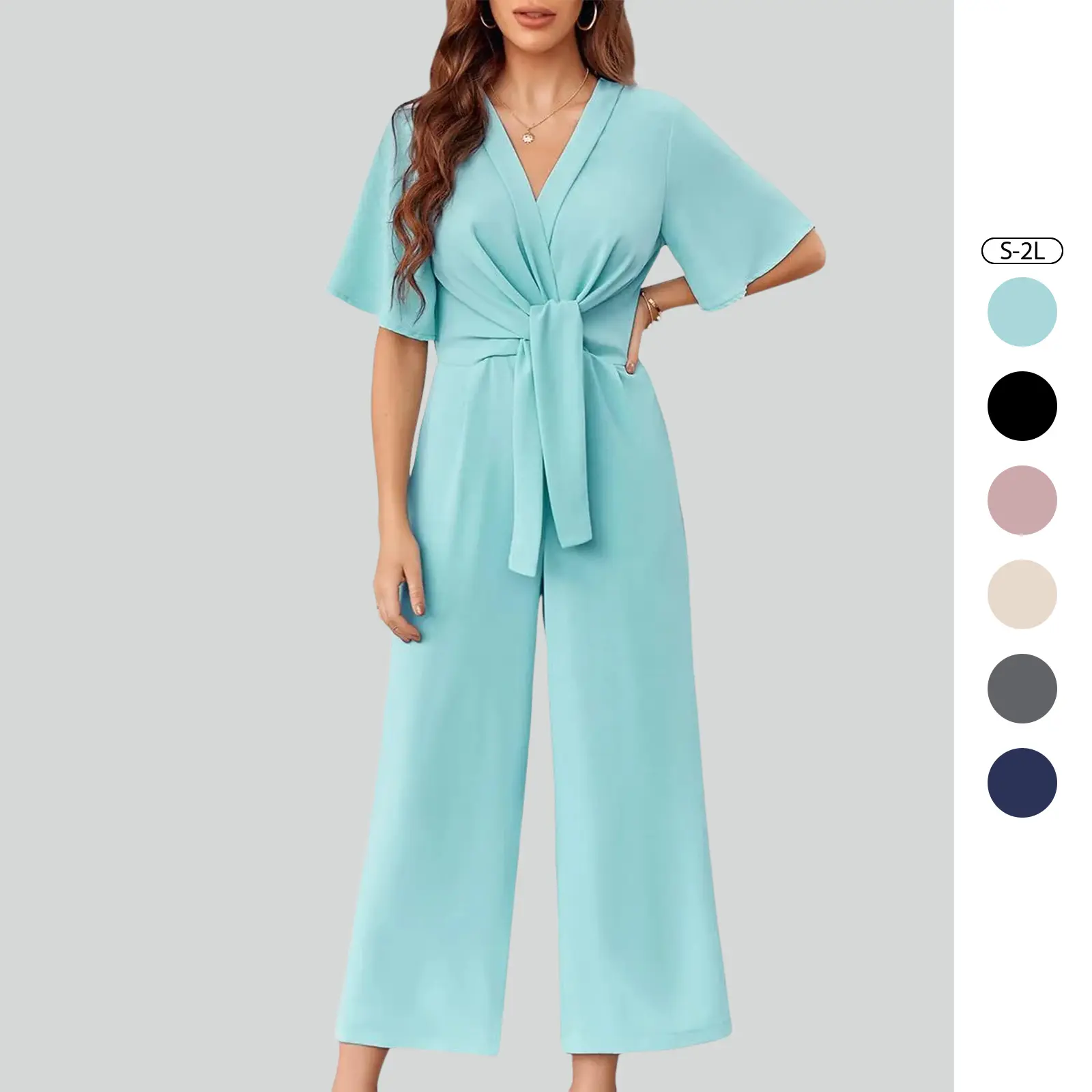 Imily Bela Womens Wide Leg Jumpsuits Short Sleeve Tie Knot Front Summer Long Romper