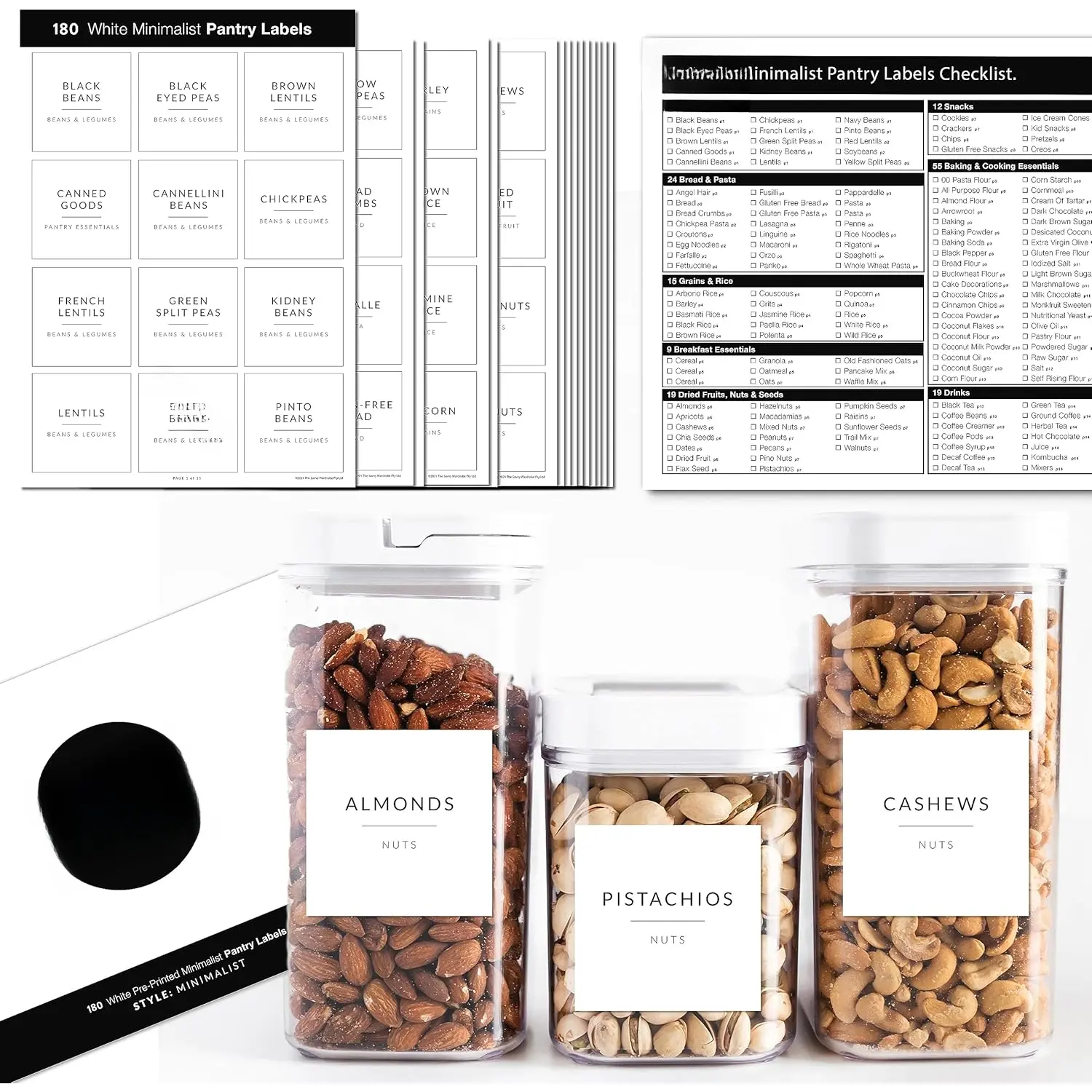 Minimalist Pantry Labels, 180  Vinyl Stickers for  Containers - Kitchen Labels for Organizing Storage Bins, Jars, Kitchen
