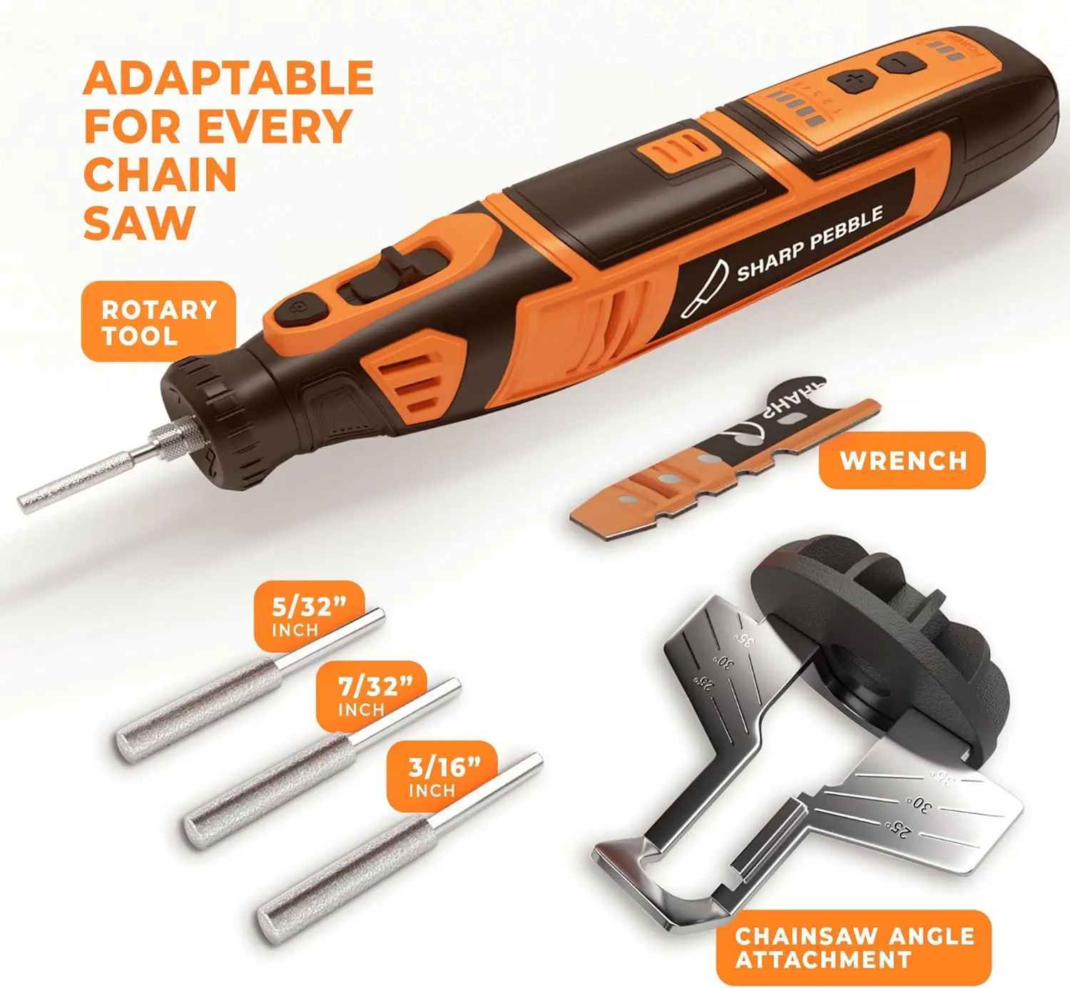 Sharp Pebble Cordless Chainsaw Sharpener, Electric Chain Saw Sharpener Kit, Portable Handheld Chainsaw Sharpening Tool, Variable Speed up to 30,000 RPM, 4 Grinding Wheels, 25°/30°/35° Angle Guide