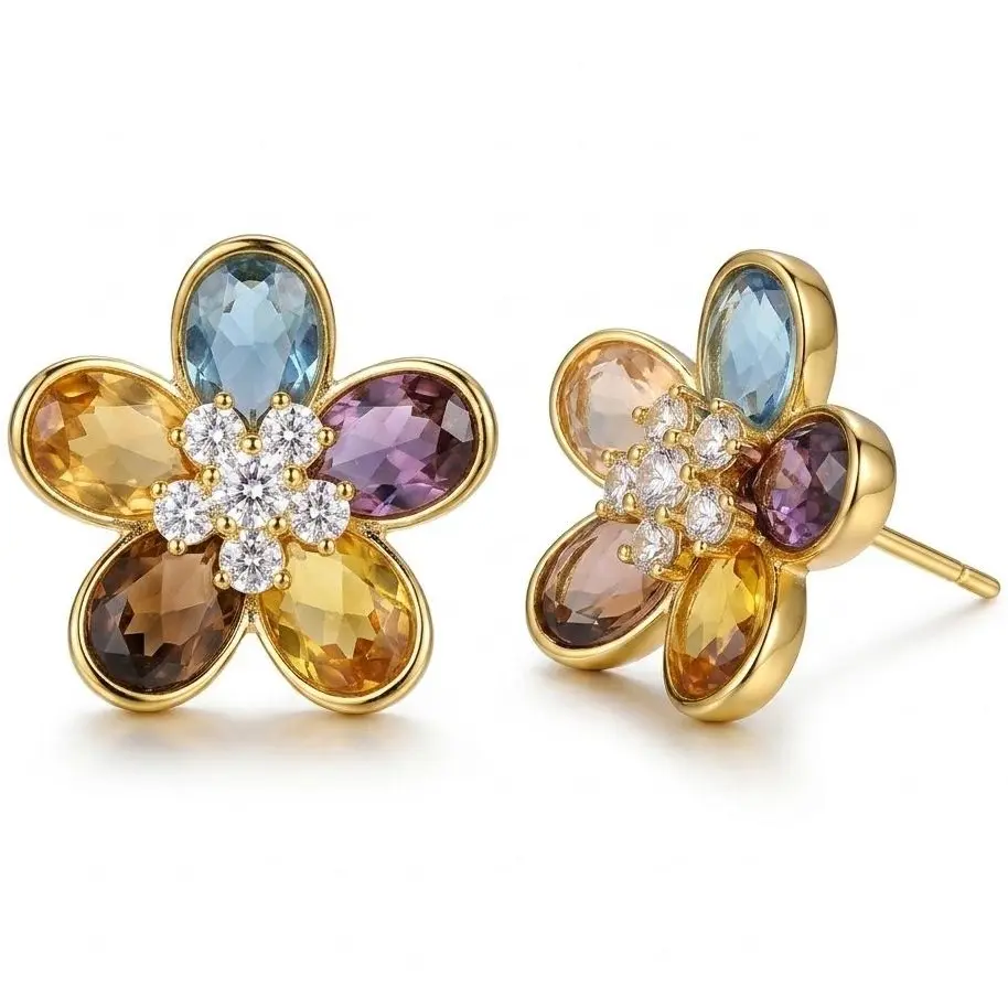 Women's Elegant Floral CZ Flower Stud Earrings - Non Tarnish Gold Plated Colored Rhinestones Embellished Floral Earrings, Trendy Spring Daily Jewelry Gift for Her, Non Tarnish Earrings