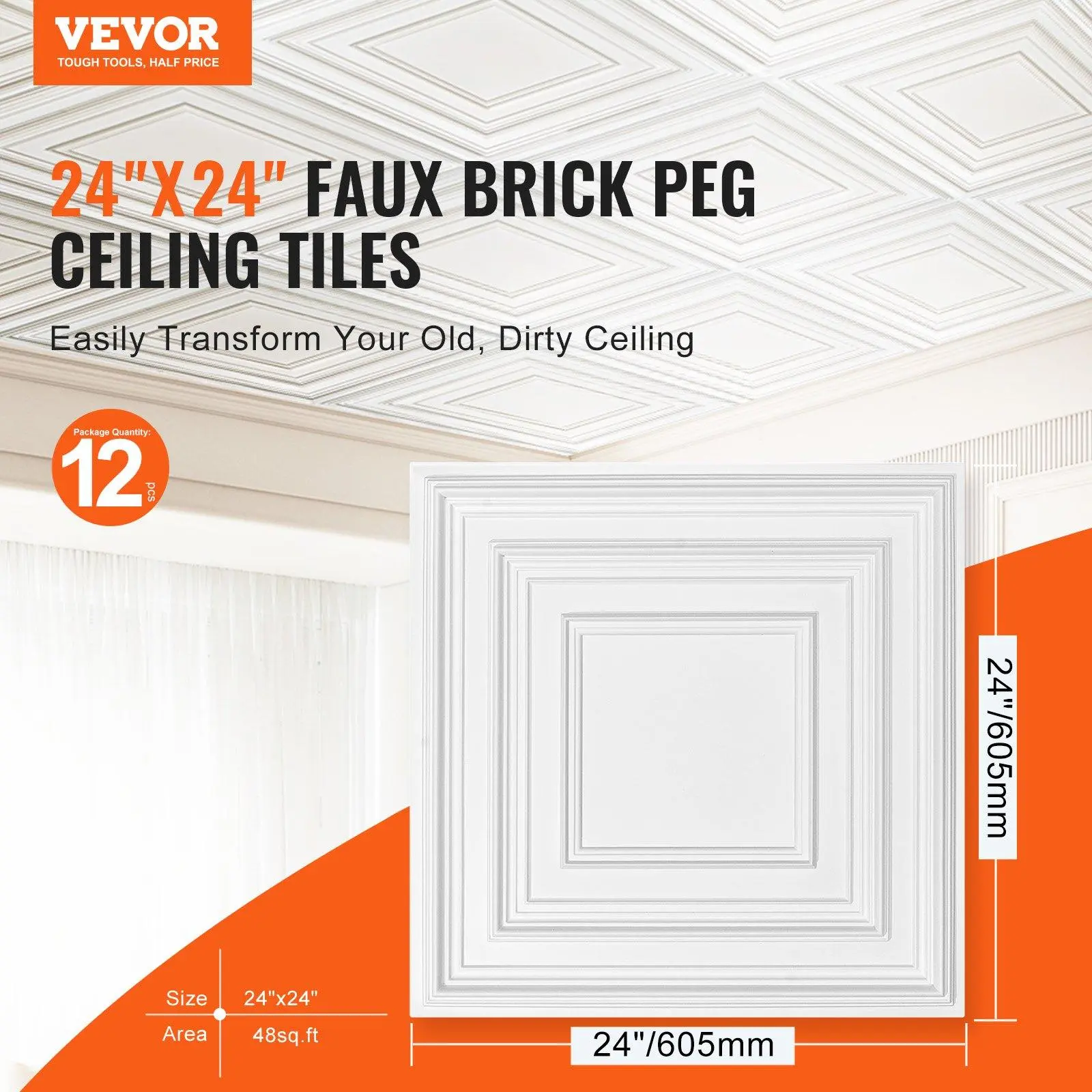 【summerfinds】VEVOR Ceiling Tiles 12-Pack 24 x 24 in PVC Easy Installation White Peg Pattern, Decorative Panels