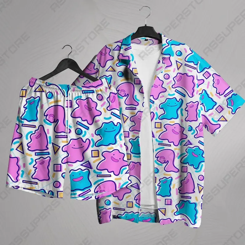 Trend Funny Ditto PKM Hawaiian Shirt - Breathable, Comfortable, Short Sleeves, Halloween, Summer Vacation, Perfect Gift for Him, Papa Tropic, Beach Trips Multicolor Top