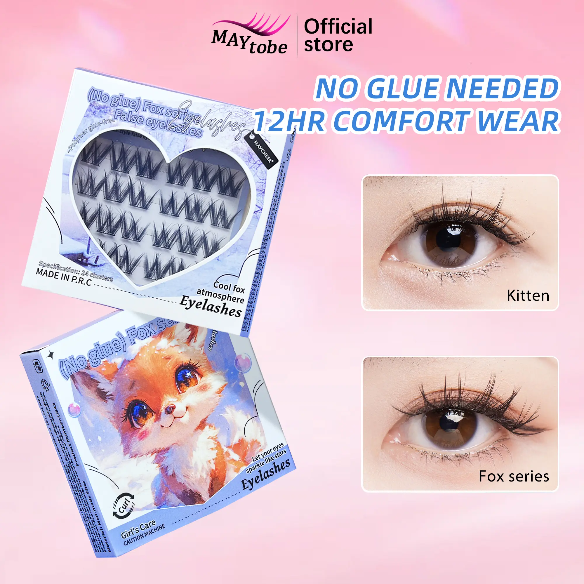 MAYTOBE Self-Adhesive Lash Clusters Kit, Reusable No-Glue Press-On Eyelash Extensions, 20-24 Pcs Natural Wispy & Spiky Lashes with Tweezers, Beauty Products