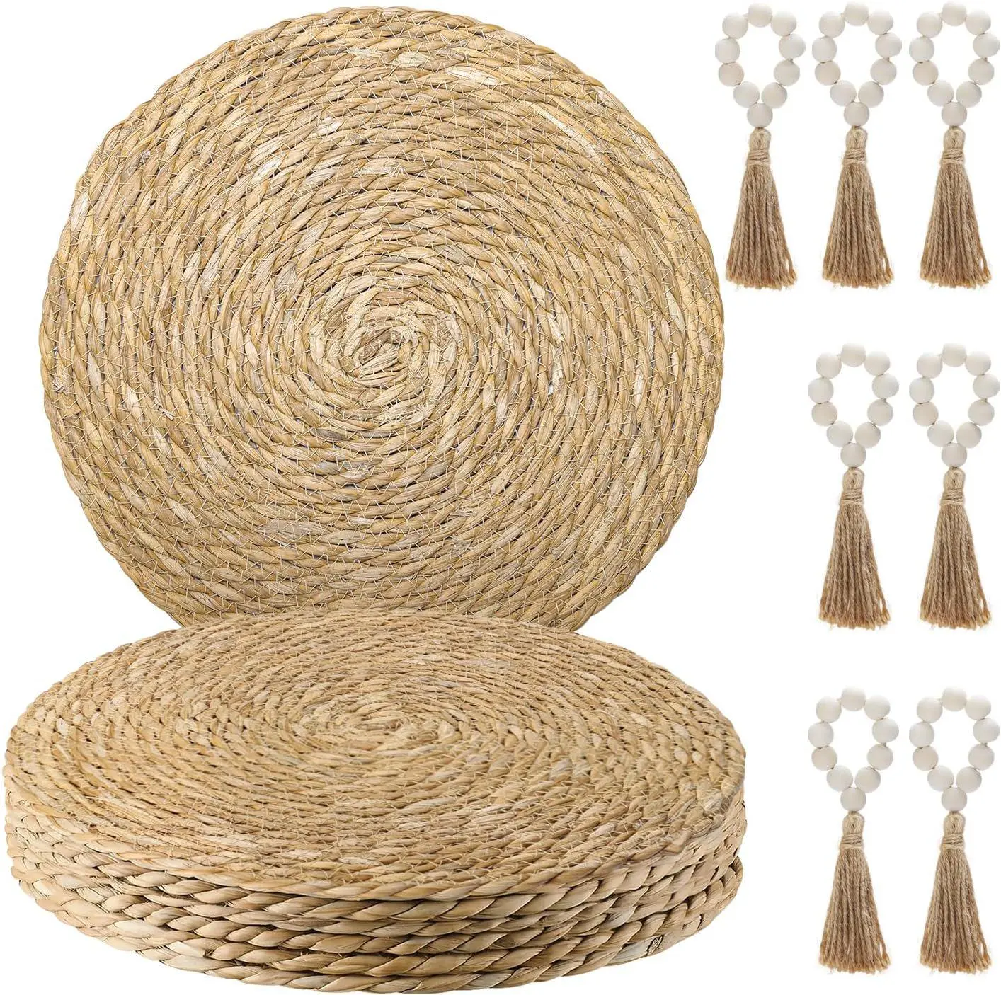 7 Packs Woven Placemats & 7 Packs Wooden Beads Napkin Rings Kit, 13.8" Natural Water Hyacinth Round Rattan Placemats for Kitchen Dining Table Decor