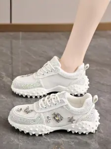Women's Rhinestone Checkered Dad Shoes, Thick Sole Height Boost Anti-Slip, Casual Sporty Footwear, All-Season Textile Rubber Soles