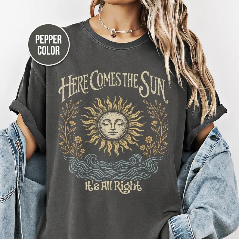 Colors Boho Sun Old School Rock Band Shirt Aesthetic Retro Graphic Tee Trendy Vintage Concert T-Shirt Minimalist Celestial Gift for Her Him Oversized Sunday Shirt 2026 Bloom Tee Support 70s Soul Art
