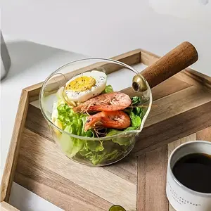 1pc Glass Saucepan with Wooden Handle, Heat Resistant Clear Glass Pot, Milk Pan & Noodle Bowl, 400ml/600ml, Thickened Microwavable Glass Cookware for Home Kitchen