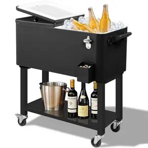 80 Quart Rolling Ice Chest, Portable Bar Drink Cooler with Catch Basin, Bottom Storage Tray and Bottle Opener for Patio Party BBQ Beach Activities