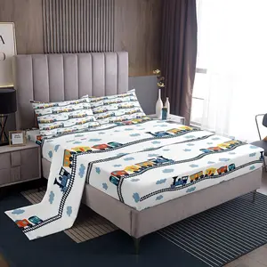 Cute Steam Engine Queen Sheets for Kids Toddlers Kawaii Train Sheet & Pillowcase Sets Construction Vehicles Bed Sheets Cartoon Railway Sheet Set Boys Car Theme Sheets 4pcs