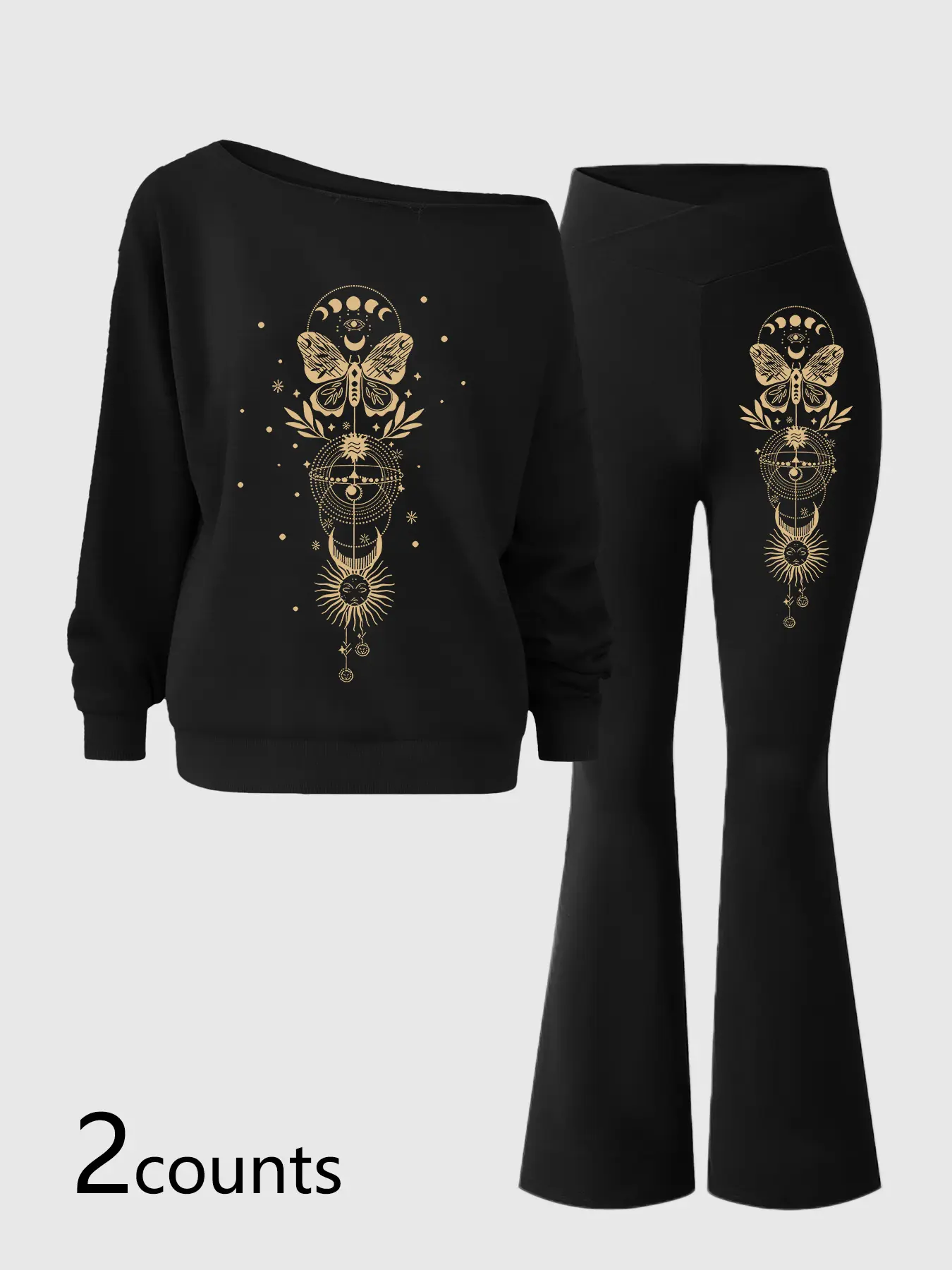Women's Casual Two-Piece Set Butterfly Moon Print Oversized Off-Shoulder Sweatshirt + Flared Pants Perfect for comfortable, relaxed wear. Ideal layering choice for spring and fall. Essential lazy-day outfit.