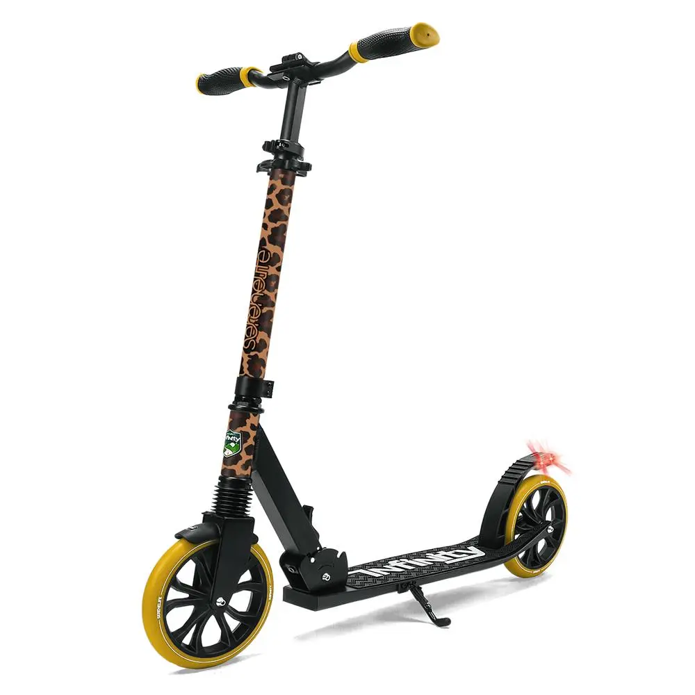 Leopard Print Foldable Kick Scooter for Teens & Adults, Alloy Deck with Adjustable Handlebar, Front Suspension, 8" PU Wheels, & LED Light, Indoors/Outdoors