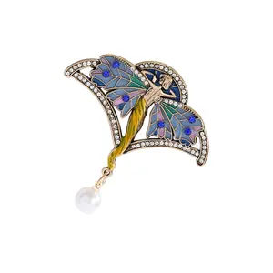 Retro Angel Wing Enamel Butterfly Brooch Rhinestones Pearls Accent Jewelry