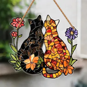 Sun Catcher Window Hanging Decoration, Cute Cat and Flower Gift for Couples, Pet Lovers, Sunlight Capturing Cat and Flower Window Decor
