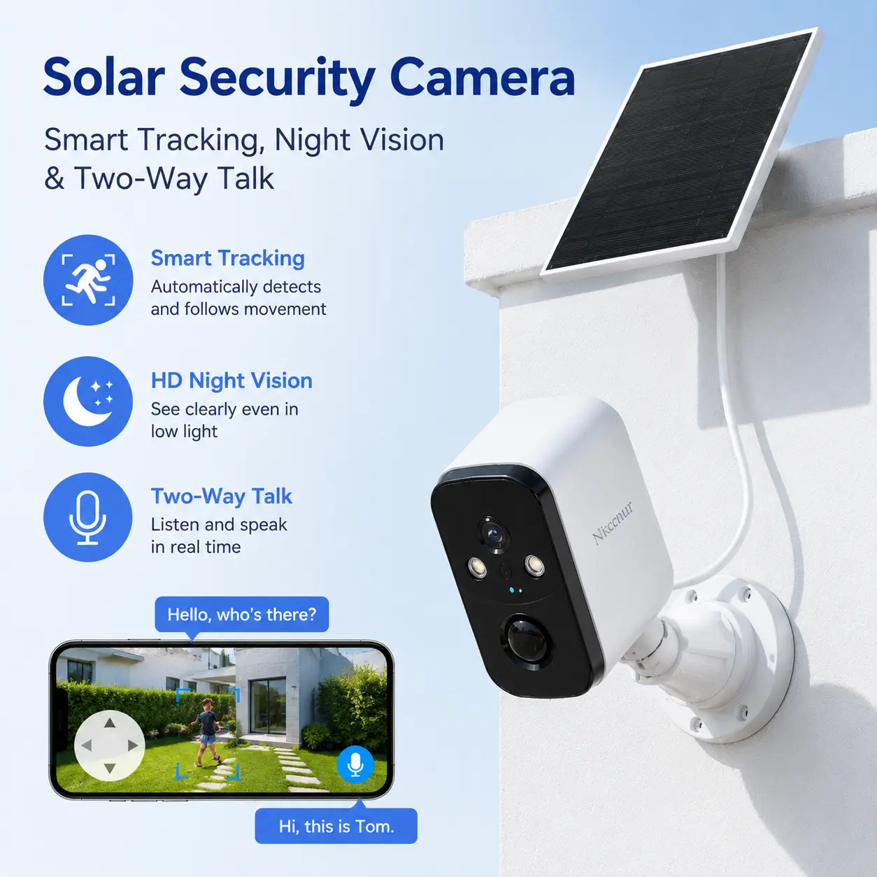NKCCNUR   Outdoor Wireless Solar Security Camera, 6MP HD , Two-Way Audio,  Night vision ,Smart Motion Detection, Motion Alert, IP66 Waterproof, Long Battery Life, Real-Time Recording.
