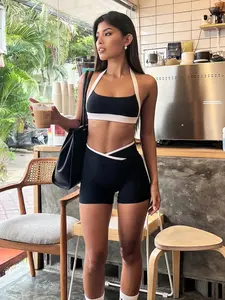 Sexy Women's Sporty Black-White Color-Block Two-Piece Set. Ultra Crop Bustier Halter Top. Sleeveless Backless Casual Tube Top. V-Shape Waistband High-Rise Micro Shorts. Fitness Outfits