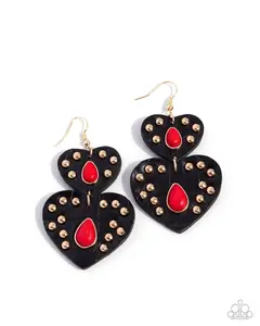 Studded Sister - Red and Gold Bead Black Leather Heart Earrings - Paparazzi