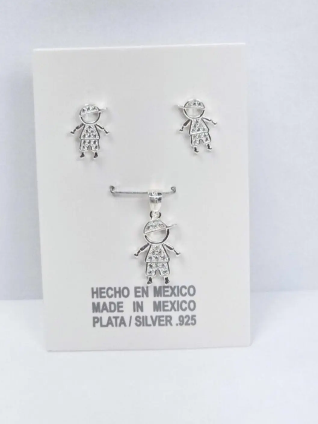 Child Boy Silhouette Pendant & Stud Earrings CZ Set - 925 Sterling Silver