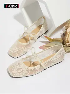 Women's Embroidered Mesh Netted Ballet Flats, Elegant Square-Toe Fashion Flat Shoes for Parties and Daily Wear, Lightweight Breathable Comfortable Footwear for Women & Girls, Ballerina Flats Shoes