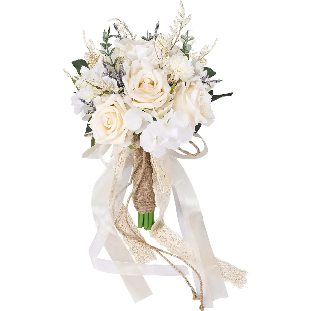 Artificial Silk Wedding Flower Bouquet with Eucalyptus, 10.6x7.5" (7.5 Inches Diameter) Adjustable White Champagne Roses, Lavender Accent, Realistic Decorative Trophy Gift for Bride-Bridesmaid (Sports & Outdoor Accessories Trophies Medals & Awards), Flowe