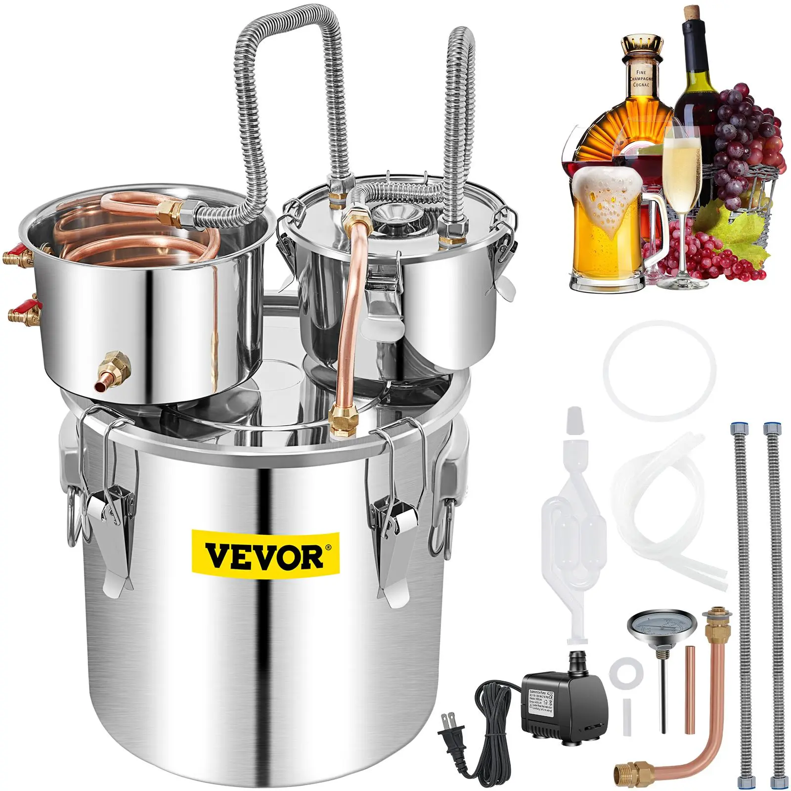 【summerfinds】VEVOR 13.2Gal/50L Stainless Steel Water Alcohol Distiller with Copper Tube, Outdoor Gas Stove Compatible Specialty Kitchen Utensil, Father's Day Gift