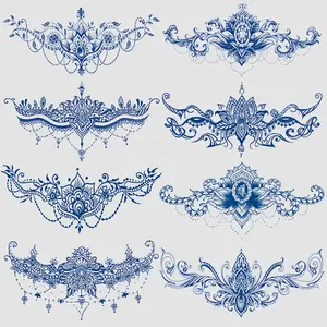 8 Large Herbal Temporary Tattoo Stickers, Waterproof Floral and Diamond Lace Patterns, Realistic Sexy Neck Belly Fake Tattoos, Suitable for Women