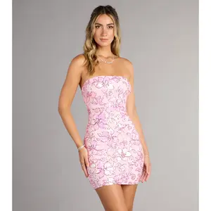 Shimmer Bloom Floral Sequin Lace-Up Mini Dress