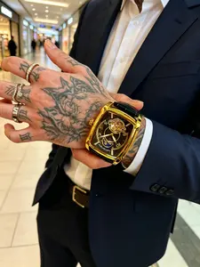 Bucket Watch Steel Hollow Mechanism Mechanical Watch, Multi-Function Moon Star Design, Automatic Winding Tourbillon, Leather Strap, Elegant Business Style