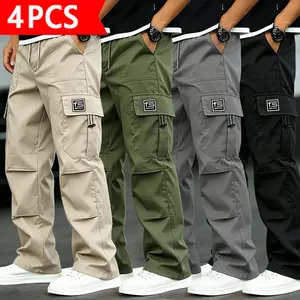 Men’s 4-pack wide-leg cargo pants featuring multiple pockets and an elastic waistband; casual streetwear style with a loose fit and drawstring design—ideal for outdoor activities, urban fashion, everyday casual wear, and weekend outings.