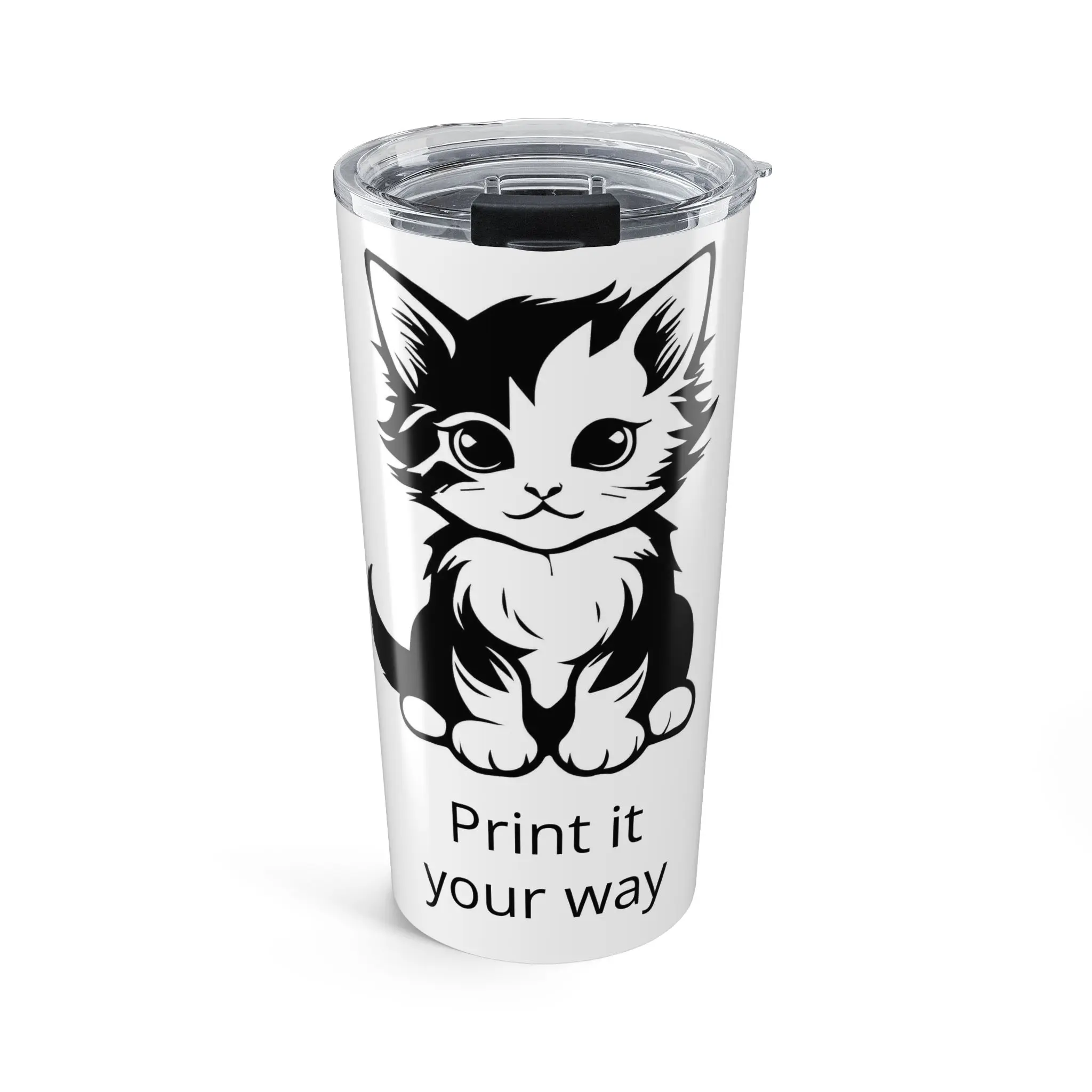 20oz Insulated Double Wall Tumbler with Black and White Kitten Illustration, Durable Dishwasher-Safe Cute Cat Art Kitchenware, Portable Reusable Drinkware with Lid