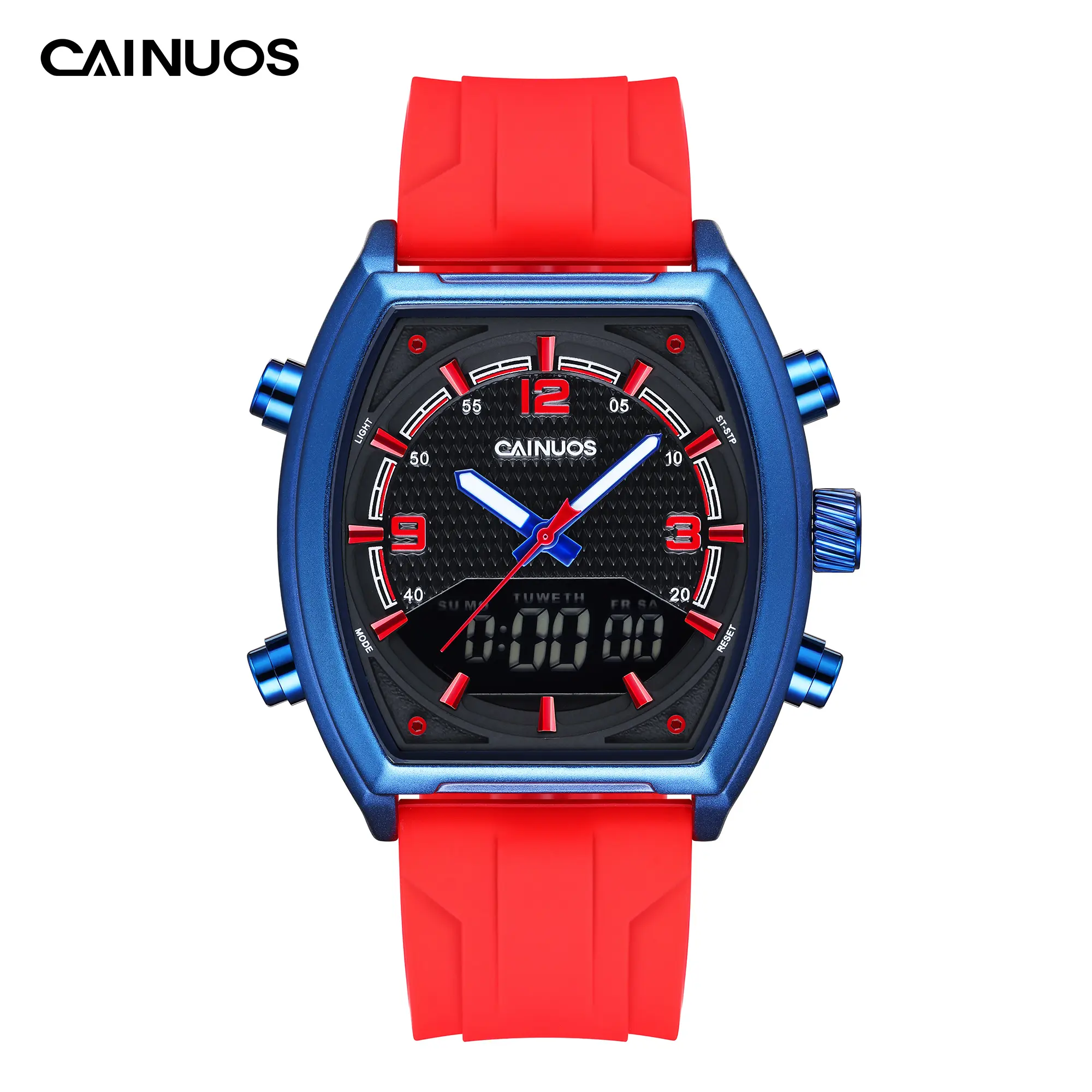 CAINUOS Men's Sport Watch, Tonneau Dial with Analog-Digital Display, Luminous Quartz Chronograph and Soft Silicone Band, Male Watch, Side Buttons, Silicone Strap, Sports Use, Tonneau Shape, Men's Watches
