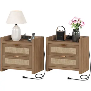 SICOTAS Night Stand Set of 2 Bed Side Table : 15.4" x 23.6" x 22.1" Size Rattan Nightstand End Table with Type-C Charging Station, 2 Rattan-Home Decor Drawers Storage Boho Bed Side End Table Night Stands for Small Apartment Living Room