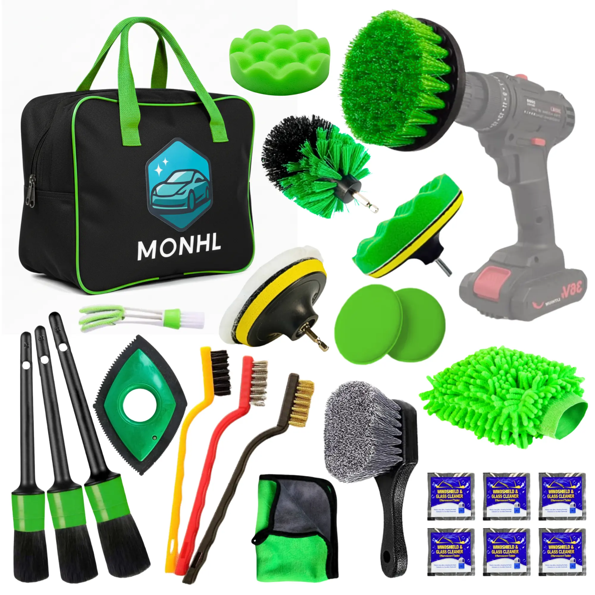 MONHL 26-Piece Professional Car Care Brush Set, Interior & Exterior Cleaning Tools Kit with Drill Attachments Detailing Brushes, Windshield Cleaner, Microfiber Towels, Wash Mitt Pet Hair Remover & Durable Storage Bag, Complete Auto Accessories Gift