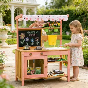 Wooden Play Kitchen Kids Mud Kitchen with Chalkboard Garden Menu and Storage Shelves for Creative Play, Play Kitchen Accessories, Kitchen Pretend Play Set