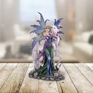 10"H Blue and Purple Spring Fairy with Unicorn Statue Fantasy Decoration Figurine