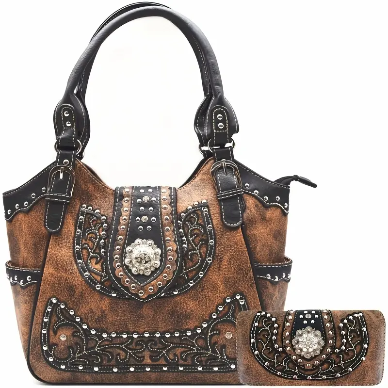 Women' Western Cowgirl Rhinestone & Concho Studded Handbag and Wallet Set - Brown Purse with Zipper Closure, Suitable for Country, Ranch, Daily Use, Gift for Horse /Equestrian Events