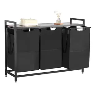 VEVOR 3-Section Laundry Bin Sorter, Large Freestanding Laundry Hamper with Carbon Steel Frame, Wooden Tabletop & Waterproof 600D Oxford Cloth Pull-Out Bags, Dirty Clothes Organizer for Bathroom