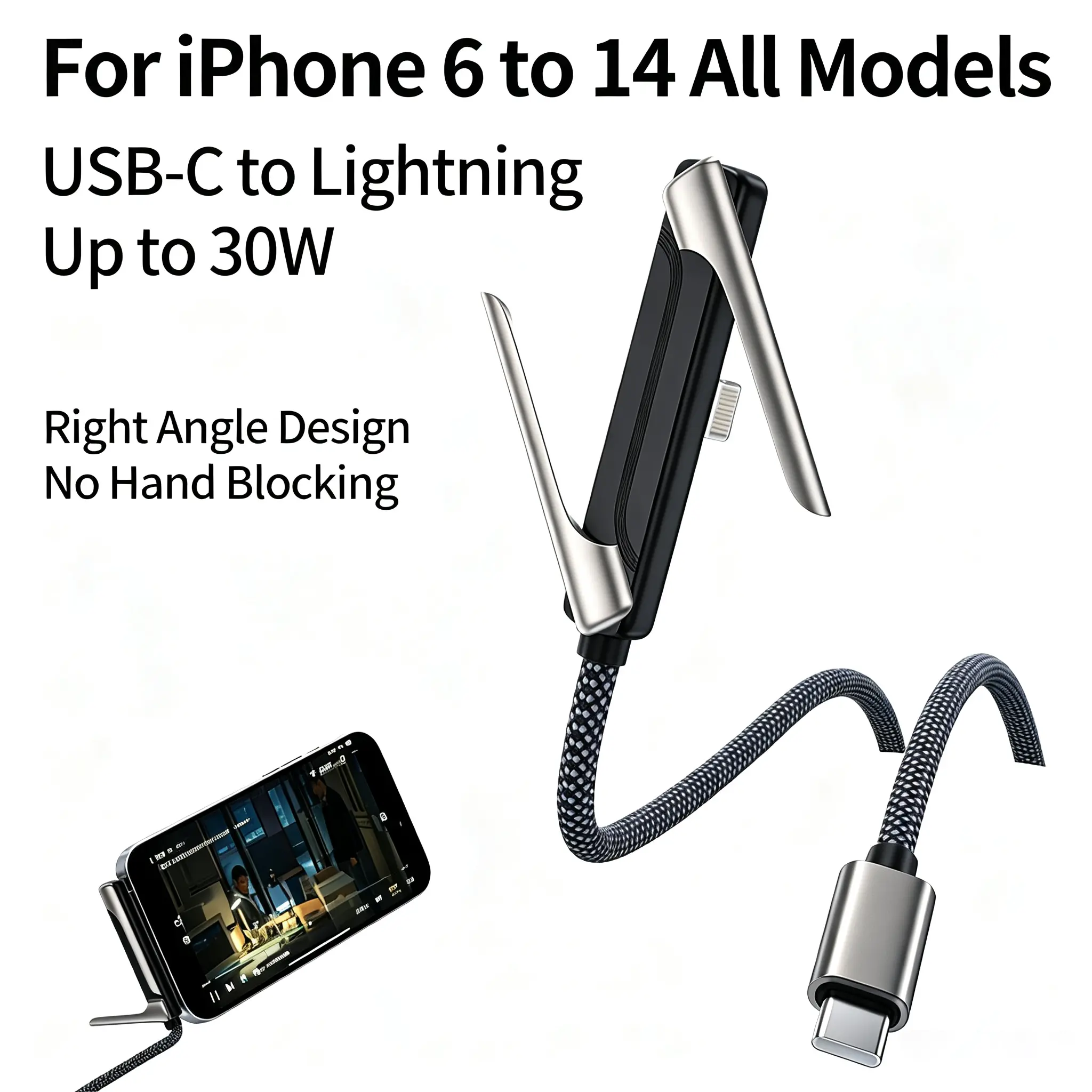 KAXOE 30W Fast Charging Mobile Adapter Cable, USB-C to Lightning Right Angle Durable Long-Lasting Gaming Cable with Built-in Invisible Stand, Compatible with iOS Devices iPhone 6-14 Plus Pro Max (Gaming, Office Use)