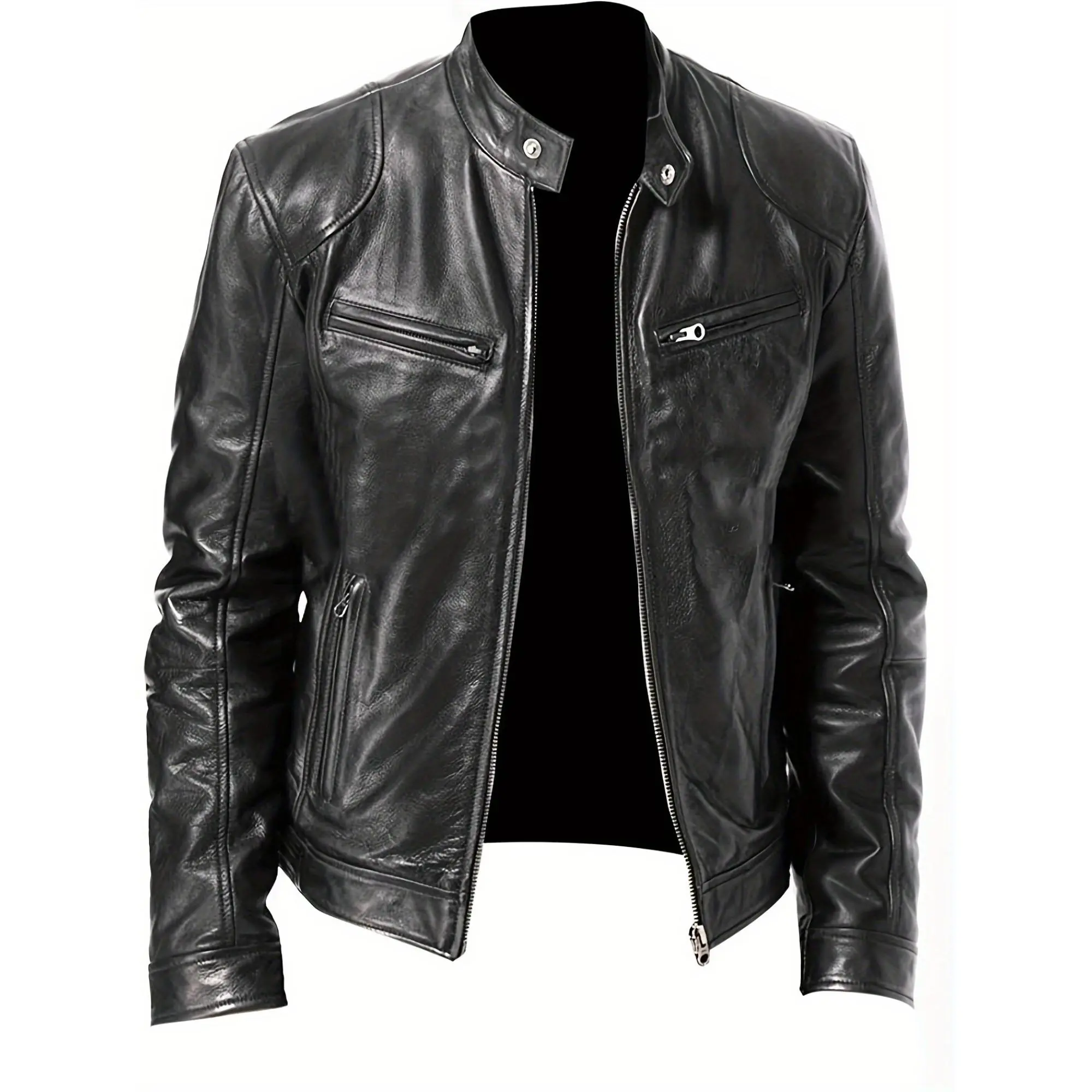 Men's PU Leather Motorcycle Jacket with Stand Collar, Casual Full-Zip Long Sleeve Outerwear for Spring & Autumn, Tops, Zipper