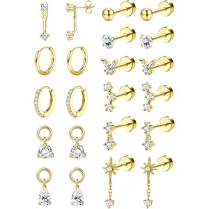 LOLIAS Hypoallergenic Flat Back Earrings Cartilage - Gold Silver Earring Stacks Surgical Stainless Steel Helix Tragus Conch Flatback Stud Hoop Earring Sets for Sensitive Ears Women Trendy Gift